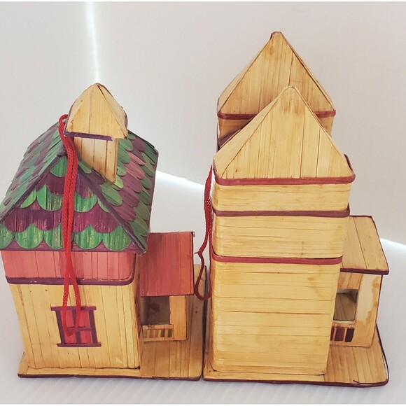 VTG Wheat Straw Balsa Wood Marquetry Victorian House Ornament Box Village Lot - Picture 7 of 9